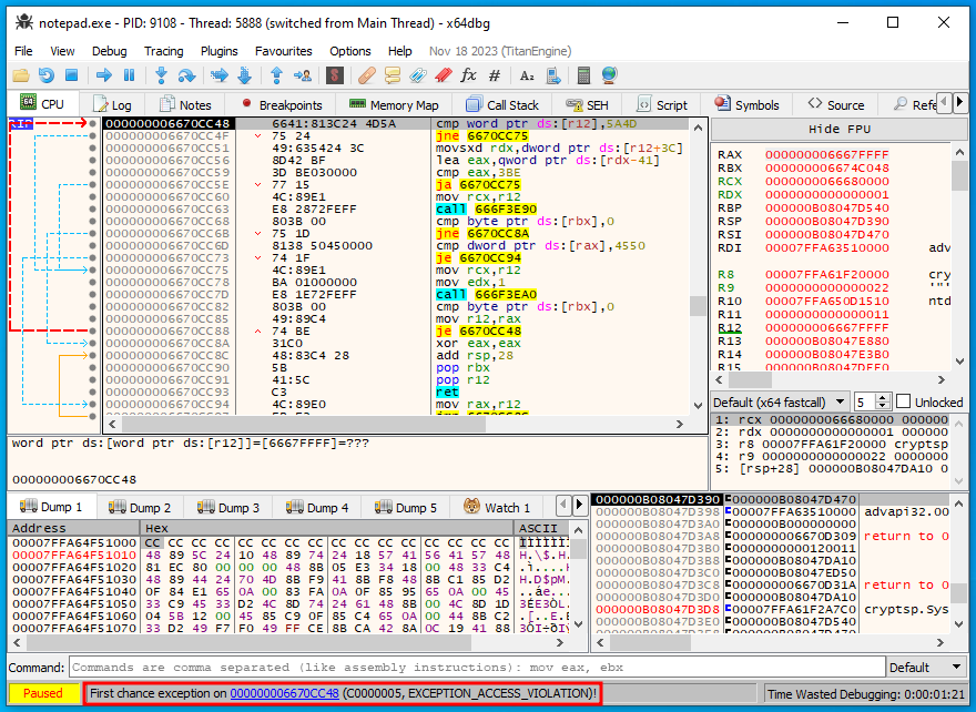 x64dbg reveals there is a access violation