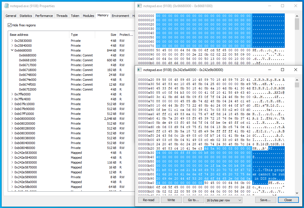 Process Hacker shows the headers are stomped in the second copy